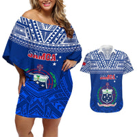 Samoa Rugby Couples Matching Off Shoulder Short Dress and Hawaiian Shirt Manu Samoa Polynesian Tatoo Pattern LT01 Blue - Polynesian Pride
