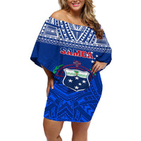 Samoa Rugby Off Shoulder Short Dress Manu Samoa Polynesian Tatoo Pattern LT01 Women Blue - Polynesian Pride