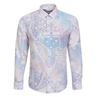 Samoa White Sunday Family Matching Off The Shoulder Long Sleeve Dress and Hawaiian Shirt Sweet Pastel Plumeria Floral LT01 Dad's Shirt - Long Sleeve White - Polynesian Pride
