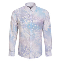 Samoa White Sunday Family Matching Puletasi and Hawaiian Shirt Sweet Pastel Plumeria Floral LT01 Dad's Shirt - Long Sleeve White - Polynesian Pride