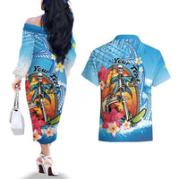 Personalized Aloha Hawaii Skeleton Surfing Couples Matching Off The Shoulder Long Sleeve Dress and Hawaiian Shirt Tribal Shark Plumeria LT01 - Polynesian Pride