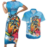 Personalized Aloha Hawaii Skeleton Surfing Couples Matching Short Sleeve Bodycon Dress and Hawaiian Shirt Tribal Shark Plumeria LT01 Blue - Polynesian Pride