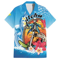 Personalized Aloha Hawaii Skeleton Surfing Family Matching Off The Shoulder Long Sleeve Dress and Hawaiian Shirt Tribal Shark Plumeria LT01 Dad's Shirt - Short Sleeve Blue - Polynesian Pride