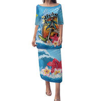 Personalized Aloha Hawaii Skeleton Surfing Family Matching Puletasi and Hawaiian Shirt Tribal Shark Plumeria LT01 Mom's Dress Blue - Polynesian Pride