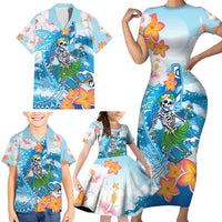 Personalized Hawaii Hula Girl Skeleton Dancing Family Matching Short Sleeve Bodycon Dress and Hawaiian Shirt Hibiscus Tribal Shark LT01 - Polynesian Pride