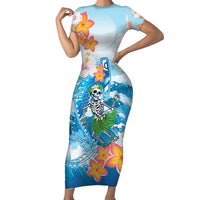 Personalized Hawaii Hula Girl Skeleton Dancing Family Matching Short Sleeve Bodycon Dress and Hawaiian Shirt Hibiscus Tribal Shark LT01 Mom's Dress Blue - Polynesian Pride
