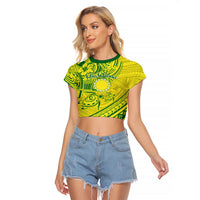 Kia Orana Cook Islands Raglan Cropped T Shirt Turtle Yellow Green Polynesian Pattern LT01 Female Green - Polynesian Pride