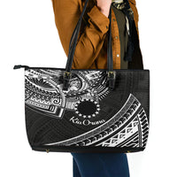 Kia Orana Cook Islands Leather Tote Bag Circle Stars With Floral White Pattern LT01 - Polynesian Pride