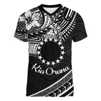 Kia Orana Cook Islands Women V Neck T Shirt Circle Stars With Floral White Pattern LT01 Female Black - Polynesian Pride
