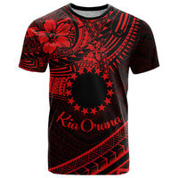 Kia Orana Cook Islands T Shirt Circle Stars With Floral Red Pattern LT01 Red - Polynesian Pride