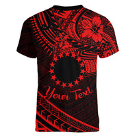 Kia Orana Cook Islands Women V Neck T Shirt Circle Stars With Floral Red Pattern LT01 - Polynesian Pride