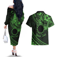 Kia Orana Cook Islands Couples Matching Off The Shoulder Long Sleeve Dress and Hawaiian Shirt Circle Stars With Floral Green Pattern LT01 - Polynesian Pride