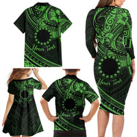 Kia Orana Cook Islands Family Matching Long Sleeve Bodycon Dress and Hawaiian Shirt Circle Stars With Floral Green Pattern LT01 - Polynesian Pride