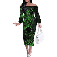 Kia Orana Cook Islands Family Matching Off Shoulder Long Sleeve Dress and Hawaiian Shirt Circle Stars With Floral Green Pattern LT01 Mom's Dress Green - Polynesian Pride