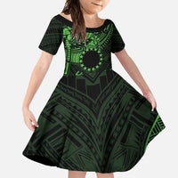 Kia Orana Cook Islands Family Matching Off Shoulder Maxi Dress and Hawaiian Shirt Circle Stars With Floral Green Pattern LT01 Daughter's Dress Green - Polynesian Pride