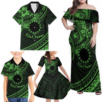 Kia Orana Cook Islands Family Matching Off Shoulder Maxi Dress and Hawaiian Shirt Circle Stars With Floral Green Pattern LT01 - Polynesian Pride