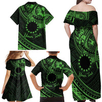 Kia Orana Cook Islands Family Matching Off Shoulder Maxi Dress and Hawaiian Shirt Circle Stars With Floral Green Pattern LT01 - Polynesian Pride
