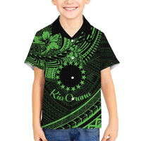 Kia Orana Cook Islands Family Matching Short Sleeve Bodycon Dress and Hawaiian Shirt Circle Stars With Floral Green Pattern LT01 Son's Shirt Green - Polynesian Pride