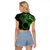Kia Orana Cook Islands Raglan Cropped T Shirt Circle Stars With Floral Green Pattern LT01