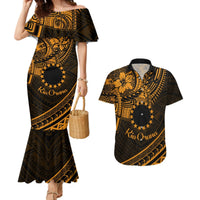 Kia Orana Cook Islands Couples Matching Mermaid Dress and Hawaiian Shirt Circle Stars With Floral Gold Pattern LT01 Gold - Polynesian Pride