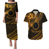 Kia Orana Cook Islands Couples Matching Puletasi Dress and Hawaiian Shirt Circle Stars With Floral Gold Pattern LT01 Gold - Polynesian Pride