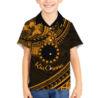 Kia Orana Cook Islands Family Matching Off Shoulder Short Dress and Hawaiian Shirt Circle Stars With Floral Gold Pattern LT01 Son's Shirt Gold - Polynesian Pride