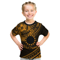 Kia Orana Cook Islands Kid T Shirt Circle Stars With Floral Gold Pattern LT01 Gold - Polynesian Pride