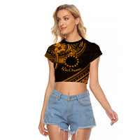 Kia Orana Cook Islands Raglan Cropped T Shirt Circle Stars With Floral Gold Pattern LT01 Female Gold - Polynesian Pride
