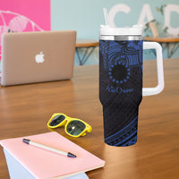 Kia Orana Cook Islands Tumbler With Handle Circle Stars With Floral Navy Blue Pattern
