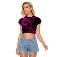 Kia Orana Cook Islands Raglan Cropped T Shirt Circle Stars With Floral Pink Pattern LT01 Female Pink - Polynesian Pride
