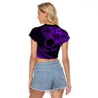 Kia Orana Cook Islands Raglan Cropped T Shirt Circle Stars With Floral Purple Pattern LT01 - Polynesian Pride