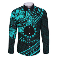 Kia Orana Cook Islands Family Matching Mermaid Dress and Hawaiian Shirt Circle Stars With Floral Turquoise Pattern LT01 Dad's Shirt - Long Sleeve Turquoise - Polynesian Pride