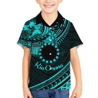Kia Orana Cook Islands Family Matching Off Shoulder Long Sleeve Dress and Hawaiian Shirt Circle Stars With Floral Turquoise Pattern LT01 Son's Shirt Turquoise - Polynesian Pride