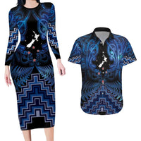 Personalised Aotearoa Matariki Couples Matching Long Sleeve Bodycon Dress and Hawaiian Shirt Blue Fern Maori Poutama LT01 Blue - Polynesian Pride