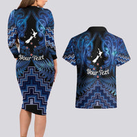 Personalised Aotearoa Matariki Couples Matching Long Sleeve Bodycon Dress and Hawaiian Shirt Blue Fern Maori Poutama LT01 - Polynesian Pride