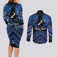 Personalised Aotearoa Matariki Couples Matching Long Sleeve Bodycon Dress and Long Sleeve Button Shirt Blue Fern Maori Poutama LT01 - Polynesian Pride