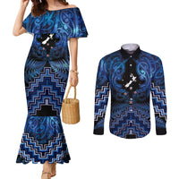 Personalised Aotearoa Matariki Couples Matching Mermaid Dress and Long Sleeve Button Shirt Blue Fern Maori Poutama