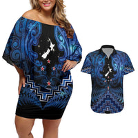 Personalised Aotearoa Matariki Couples Matching Off Shoulder Short Dress and Hawaiian Shirt Blue Fern Maori Poutama LT01 Blue - Polynesian Pride