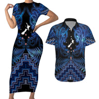 Personalised Aotearoa Matariki Couples Matching Short Sleeve Bodycon Dress and Hawaiian Shirt Blue Fern Maori Poutama LT01 Blue - Polynesian Pride