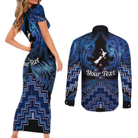 Personalised Aotearoa Matariki Couples Matching Short Sleeve Bodycon Dress and Long Sleeve Button Shirt Blue Fern Maori Poutama LT01 - Polynesian Pride