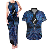 Personalised Aotearoa Matariki Couples Matching Tank Maxi Dress and Hawaiian Shirt Blue Fern Maori Poutama LT01 Blue - Polynesian Pride