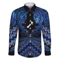 Personalised Aotearoa Matariki Family Matching Off The Shoulder Long Sleeve Dress and Hawaiian Shirt Blue Fern Maori Poutama LT01 Dad's Shirt - Long Sleeve Blue - Polynesian Pride
