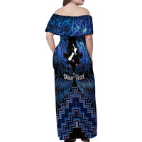 Personalised Aotearoa Matariki Family Matching Off Shoulder Maxi Dress and Hawaiian Shirt Blue Fern Maori Poutama LT01 - Polynesian Pride