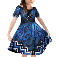 Personalised Aotearoa Matariki Family Matching Off Shoulder Short Dress and Hawaiian Shirt Blue Fern Maori Poutama LT01 Daughter's Dress Blue - Polynesian Pride
