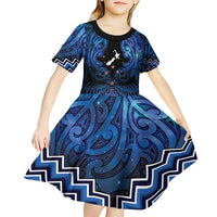 Personalised Aotearoa Matariki Kid Short Sleeve Dress Blue Fern Maori Poutama