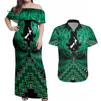 Personalised Aotearoa Matariki Couples Matching Off Shoulder Maxi Dress and Hawaiian Shirt Green Fern Maori Poutama LT01 Green - Polynesian Pride