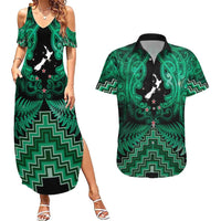 Personalised Aotearoa Matariki Couples Matching Summer Maxi Dress and Hawaiian Shirt Green Fern Maori Poutama LT01 Green - Polynesian Pride