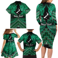 Personalised Aotearoa Matariki Family Matching Long Sleeve Bodycon Dress and Hawaiian Shirt Green Fern Maori Poutama LT01 - Polynesian Pride