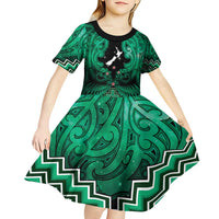 Personalised Aotearoa Matariki Kid Short Sleeve Dress Green Fern Maori Poutama