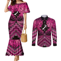 Personalised Aotearoa Matariki Couples Matching Mermaid Dress and Long Sleeve Button Shirt Pink Fern Maori Poutama LT01 Pink - Polynesian Pride